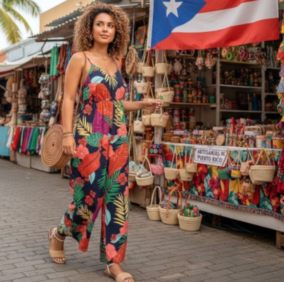 2XL Tropical Print Plus Size Jumpsuit Cami Straps Colorful Trendy Beach Vibes - Picture 8 of 10